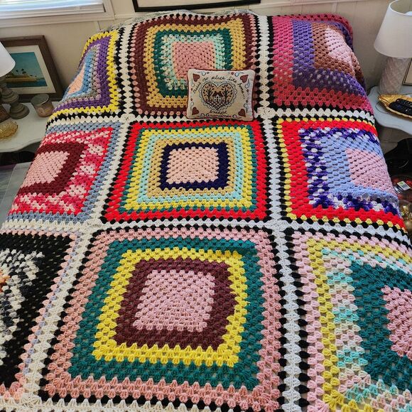 Handmade Other - Vtg Handmade Granny Square Afghan Retro Cottagecore FULL/QUEEN 104x65" Y2K *read